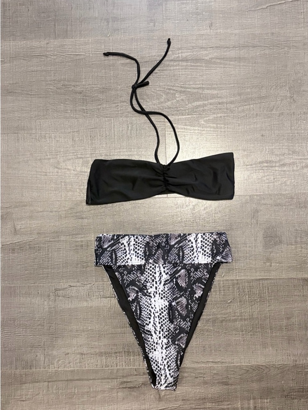 Black Bandeau Bikini Top with Black & White Snake Print High-Cut Bottom